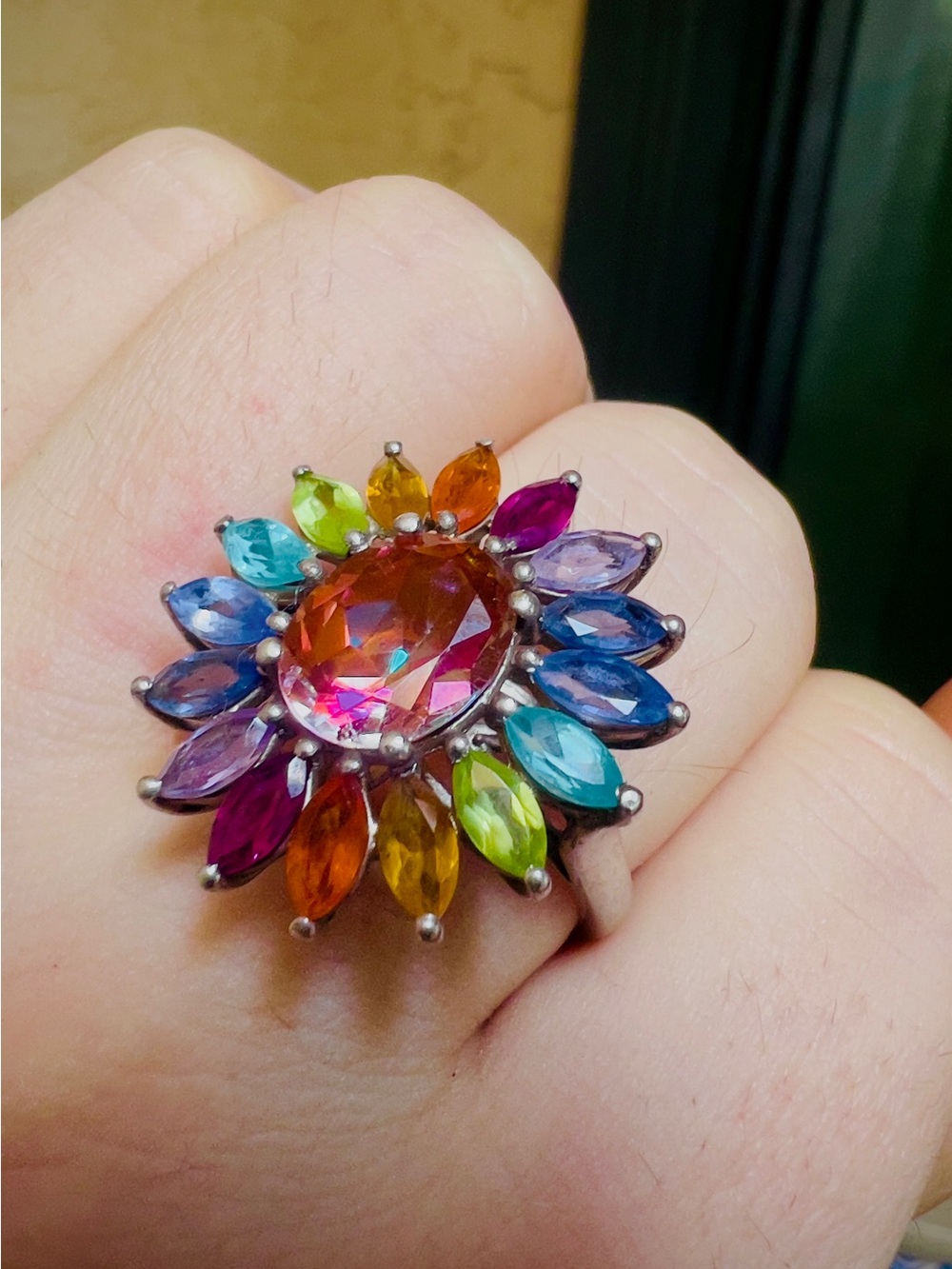 Multicolor Sunburst Gemstone Statement Ring - Size 10 - Picture 6 of 14